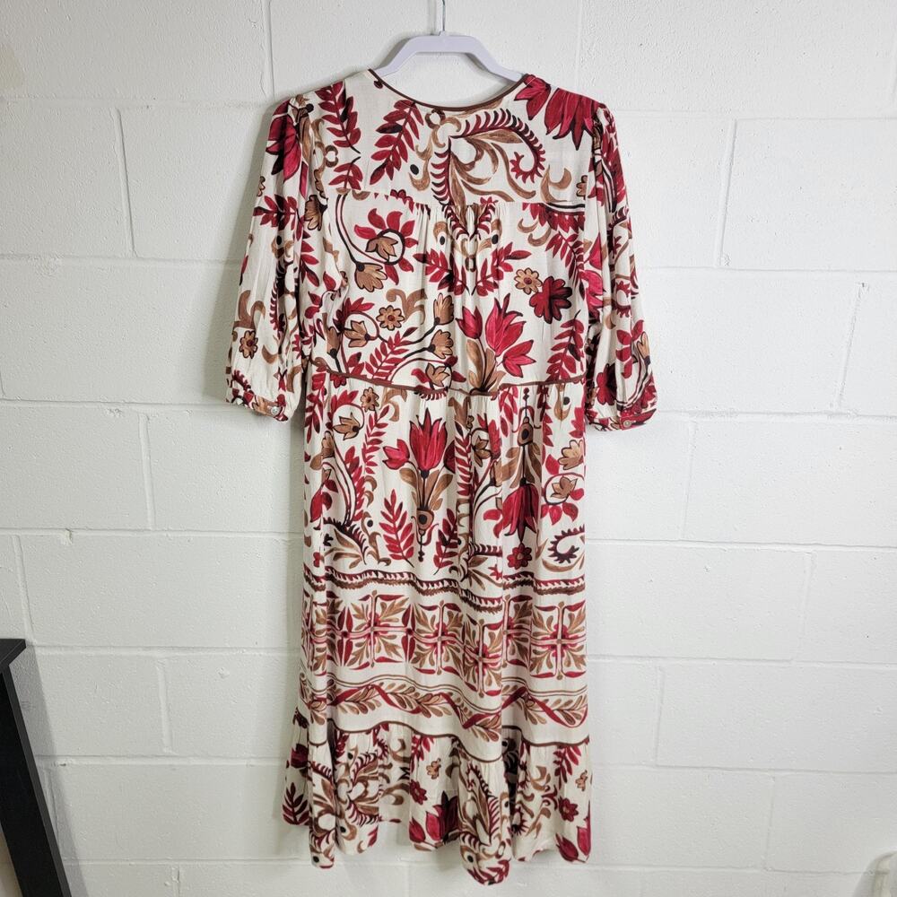 FIG + FLOWER Anthro Floral Red Paisley Tiered Midi Dress Size Small Rayon Boho - Picture 4 of 8